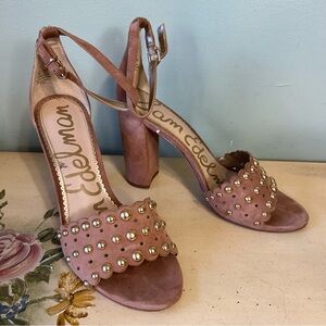 Sam Edelman Tan Suede Leather Gold Stud Ankle Strap Chunky Heel Shoes